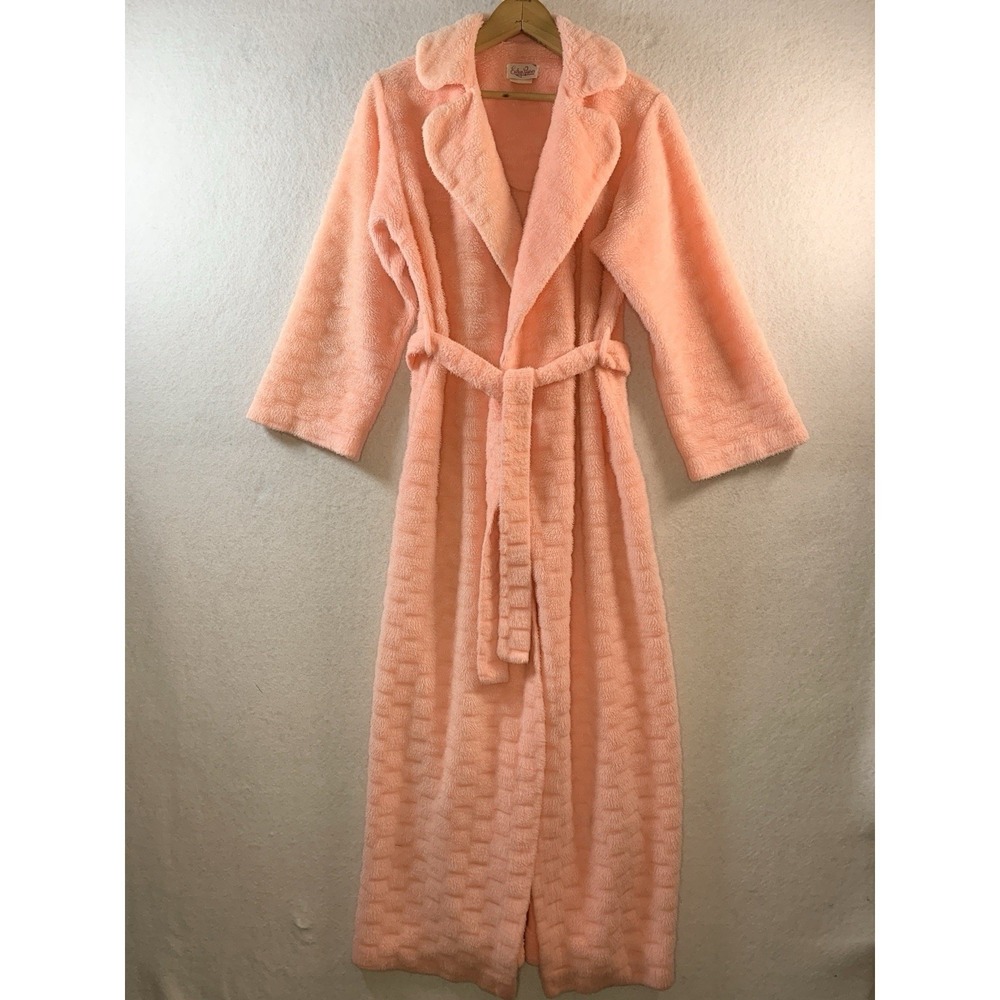Vintage 60s 70s Evelyn Pearson‎ Basketweave Robe S/M Pink Plush Boudoir Lounge